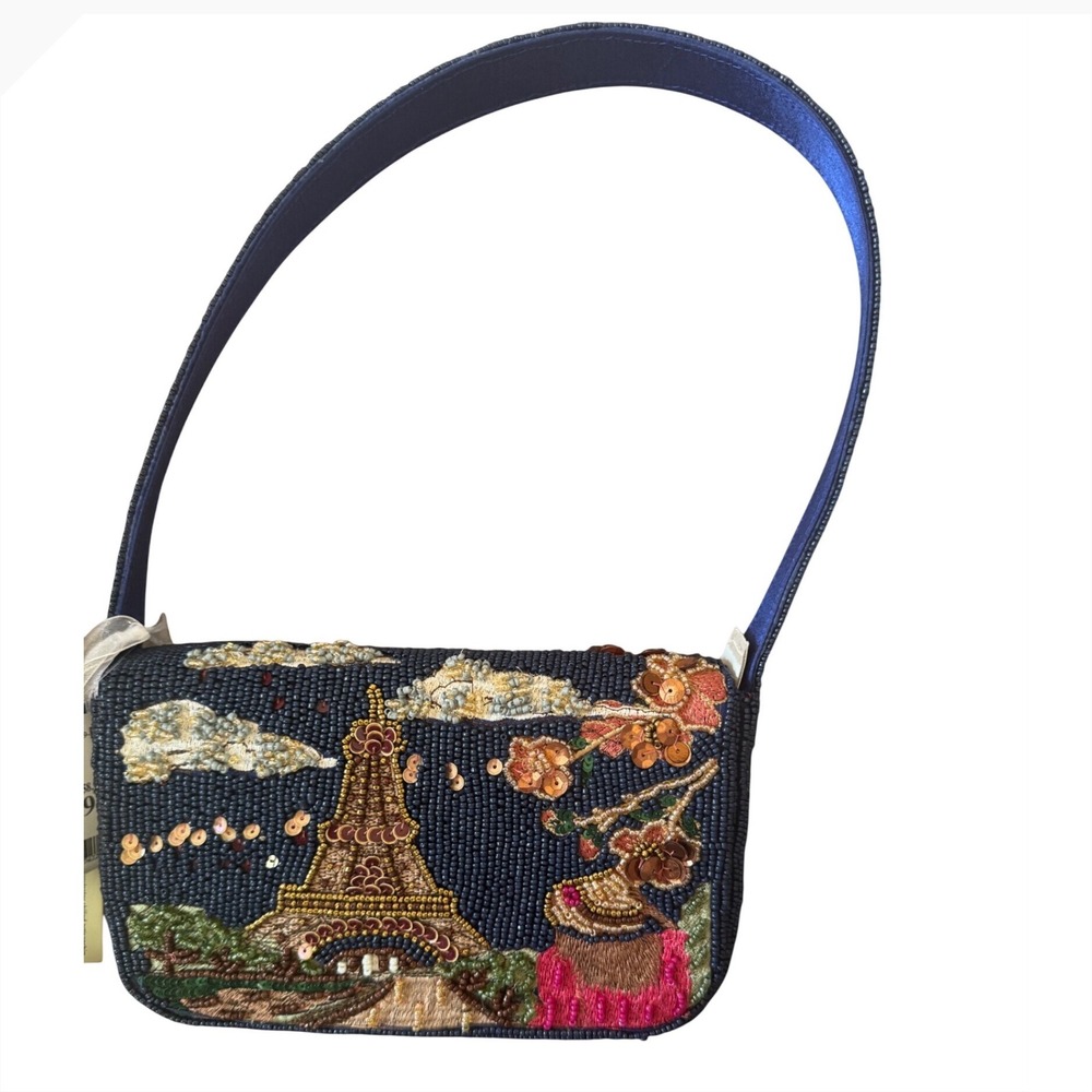 Paris Eiffel Tower City Blue Beaded Shoulder Bag NWT